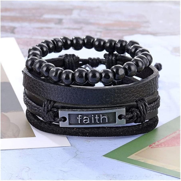 FAITHAURA -  4 Pcs Genuine Braided Leather Bracelet Set for Men & Boys (8 inch)