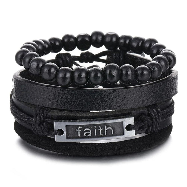 FAITHAURA -  4 Pcs Genuine Braided Leather Bracelet Set for Men & Boys (8 inch)