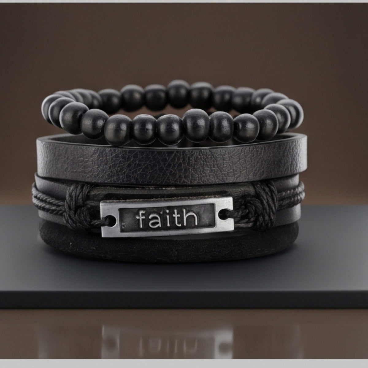 THE MEN THING Leather Bracelet FAITHAURA -  4 Pcs Genuine Braided Leather Bracelet Set for Men & Boys (8 inch)