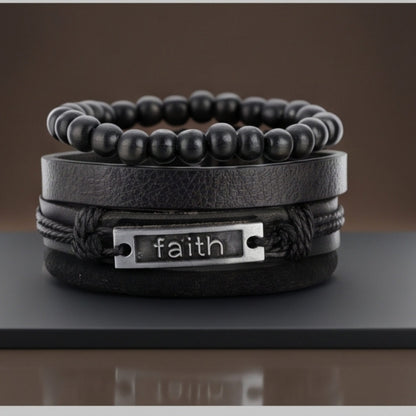 THE MEN THING Leather Bracelet FAITHAURA -  4 Pcs Genuine Braided Leather Bracelet Set for Men & Boys (8 inch)