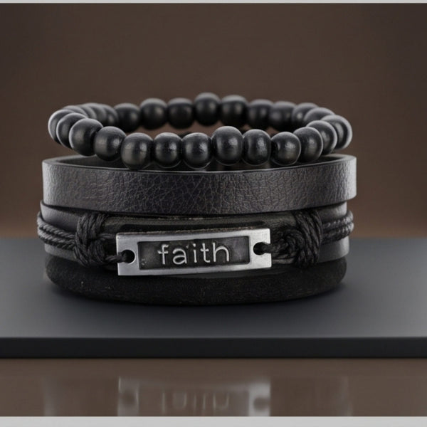 FAITHAURA -  4 Pcs Genuine Braided Leather Bracelet Set for Men & Boys (8 inch)