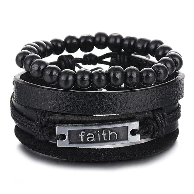 THE MEN THING Leather Bracelet FAITHAURA Set of 4 Genuine Braided Leather Adjustable Bracelets for Men & Boys – 8 Inch
