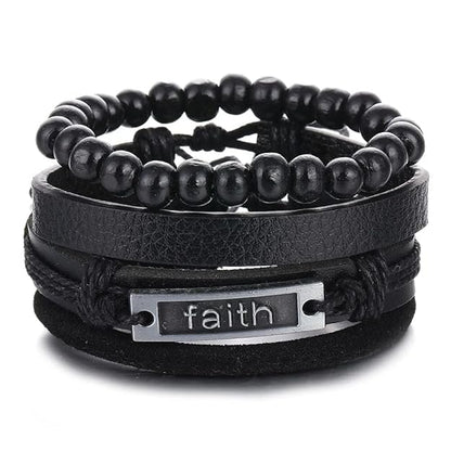 THE MEN THING Leather Bracelet FAITHAURA Set of 4 Genuine Braided Leather Adjustable Bracelets for Men & Boys – 8 Inch
