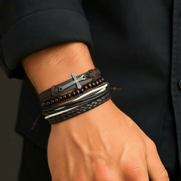 FAITHBOUND CROSS - 4 Pcs Genuine Leather Adjustable Bracelet Set for Men & Boys (8 inch)