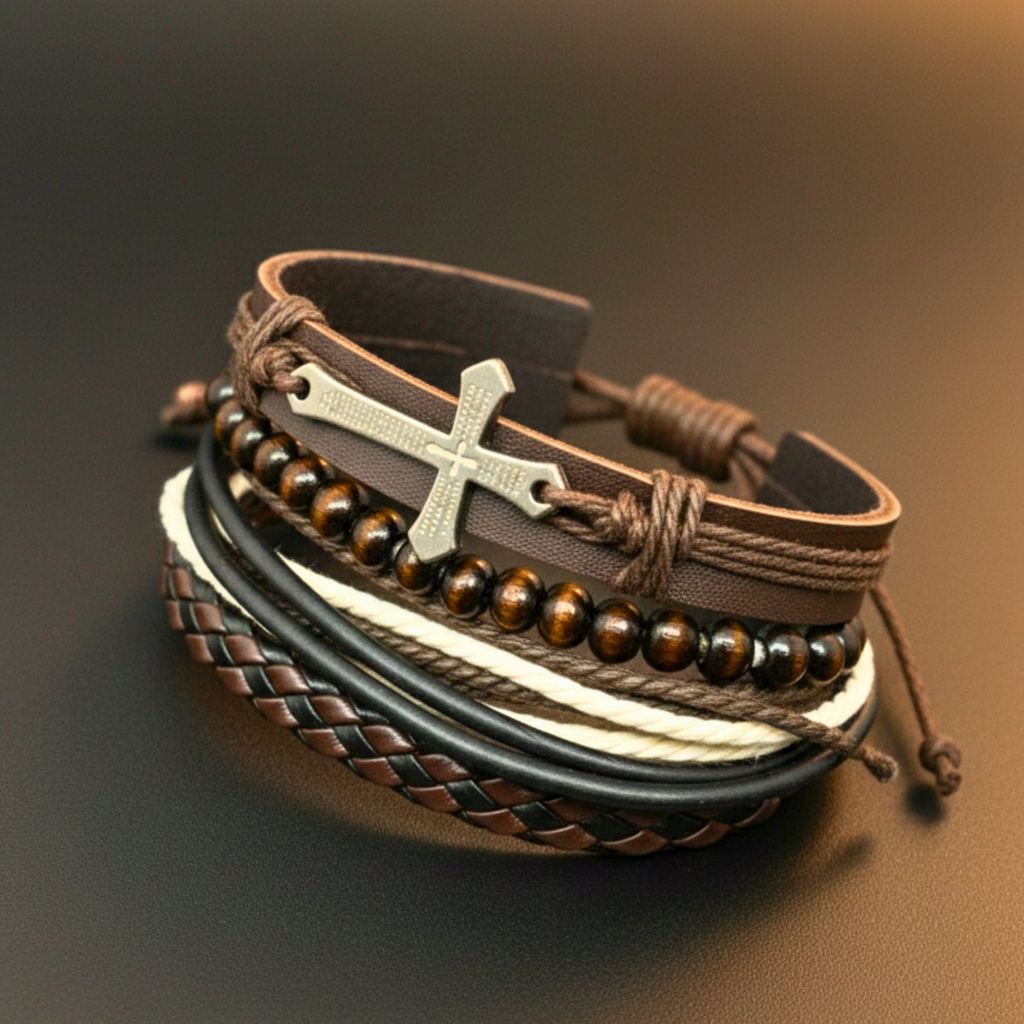 THE MEN THING Leather Bracelet FAITHBOUND CROSS - 4 Pcs Genuine Leather Adjustable Bracelet Set for Men & Boys (8 inch)