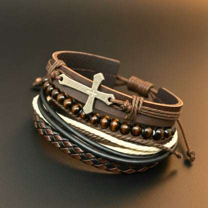 THE MEN THING Leather Bracelet FAITHBOUND CROSS - 4 Pcs Genuine Leather Adjustable Bracelet Set for Men & Boys (8 inch)