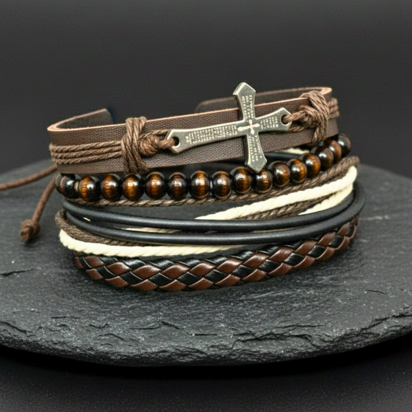 THE MEN THING Leather Bracelet FAITHBOUND CROSS - 4 Pcs Genuine Leather Adjustable Bracelet Set for Men & Boys (8 inch)