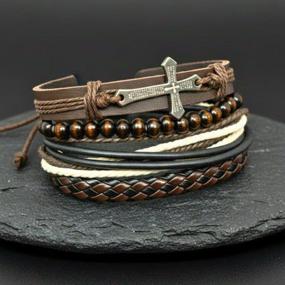 THE MEN THING Leather Bracelet FAITHBOUND CROSS - 4 Pcs Genuine Leather Adjustable Bracelet Set for Men & Boys (8 inch)