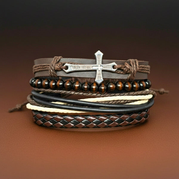 FAITHBOUND CROSS - 4 Pcs Genuine Leather Adjustable Bracelet Set for Men & Boys (8 inch)