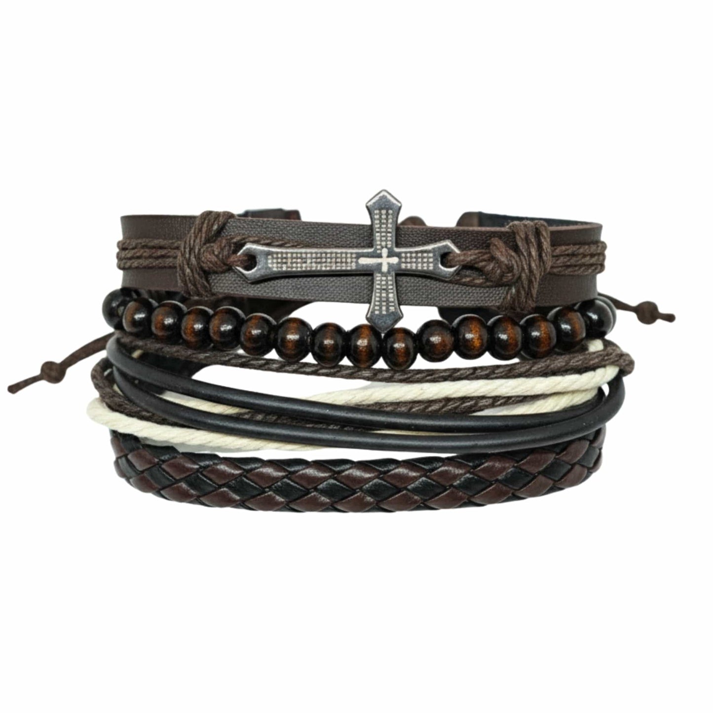 THE MEN THING Leather Bracelet FAITHBOUND CROSS - 4 Pcs Genuine Leather Adjustable Bracelet Set for Men & Boys (8 inch)