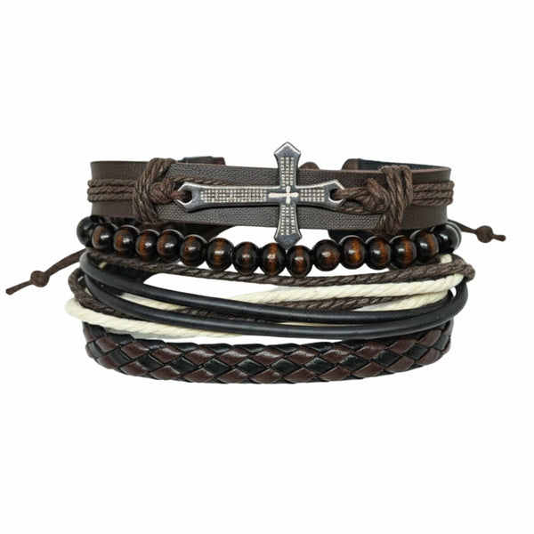 FAITHBOUND CROSS - 4 Pcs Genuine Leather Adjustable Bracelet Set for Men & Boys (8 inch)