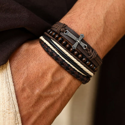 THE MEN THING Leather Bracelet FAITHBOUND CROSS - 4 Pcs Genuine Leather Adjustable Bracelet Set for Men & Boys (8 inch)
