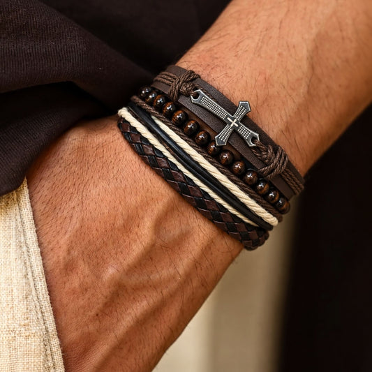 THE MEN THING Leather Bracelet FAITHBOUND CROSS - 4 Pcs Genuine Leather Adjustable Bracelet Set for Men & Boys (8 inch)