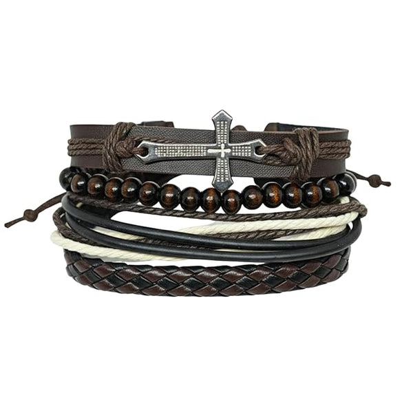 Set of 4 Genuine Braided Leather Adjustable Bracelets for Men & Boys – 8 Inch