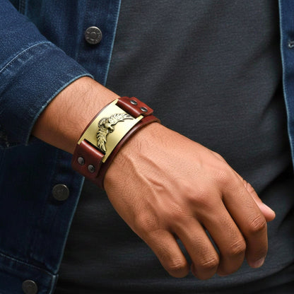 THE MEN THING Leather Bracelet FIRESTORM PHOENIX BAND - Bronze Genuine Braided Leather Bracelet Set for Men & Boys (8 inch)