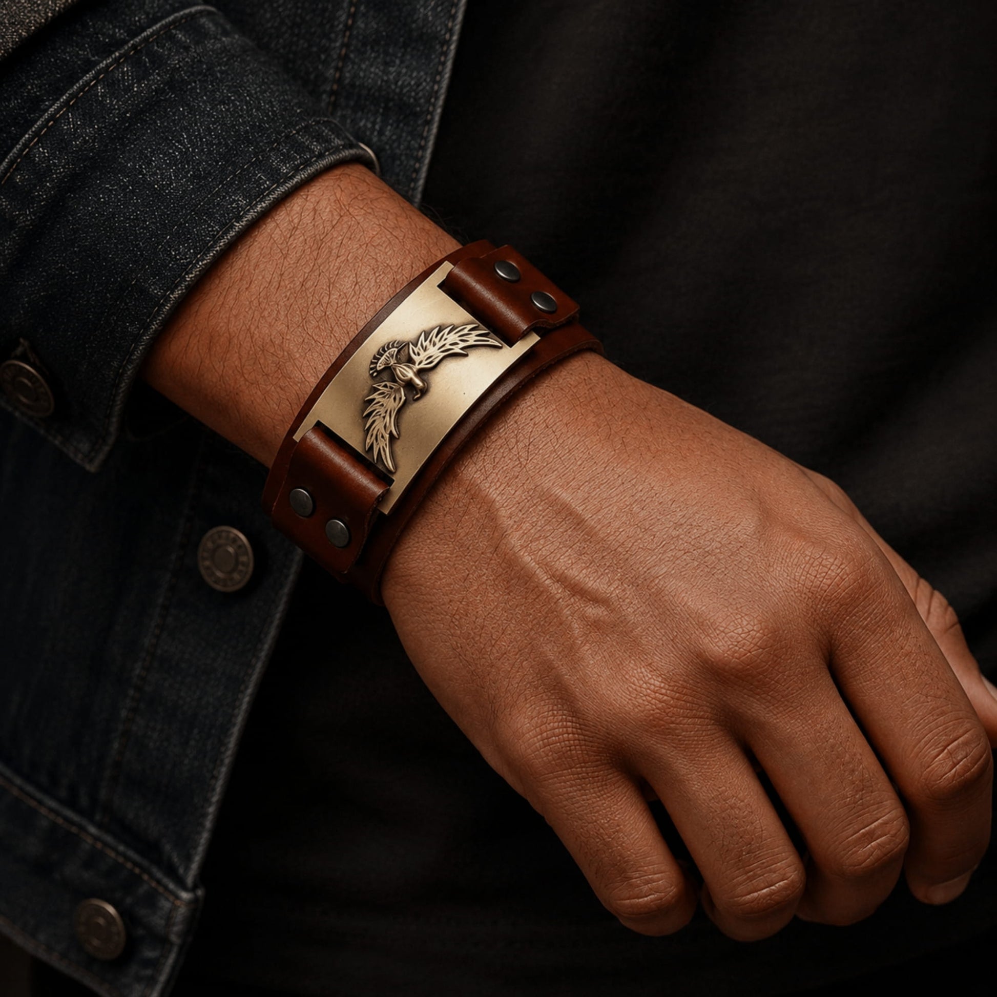 THE MEN THING Leather Bracelet FIRESTORM PHOENIX BAND - Bronze Genuine Braided Leather Bracelet Set for Men & Boys (8 inch)