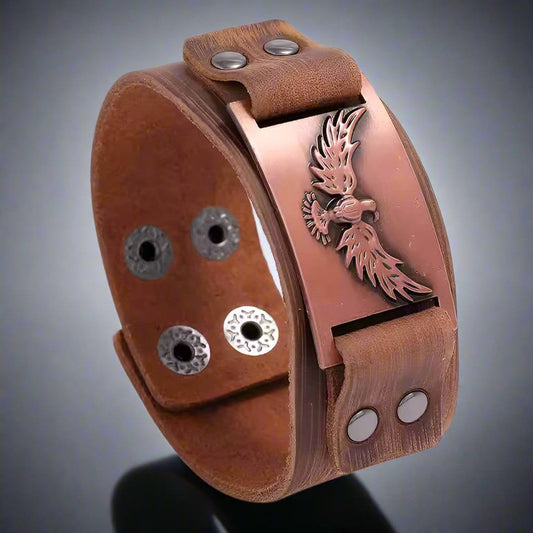 THE MEN THING Leather Bracelet FIRESTORM PHOENIX BAND - Red Copper Genuine Braided Leather Bracelet Set for Men & Boys (8 inch)