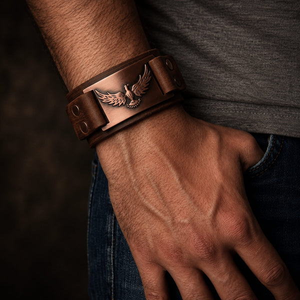 FIRESTORM PHOENIX BAND - Red Copper Genuine Braided Leather Bracelet Set for Men & Boys (8 inch)