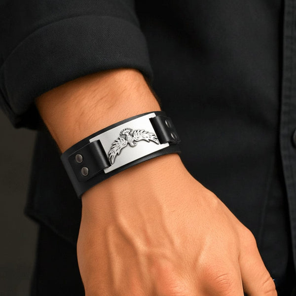 FIRESTORM PHOENIX BAND - Silver Genuine Braided Leather Bracelet Set for Men & Boys (8 inch)