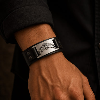 THE MEN THING Leather Bracelet FIRESTORM PHOENIX BAND - Silver Genuine Braided Leather Bracelet Set for Men & Boys (8 inch)