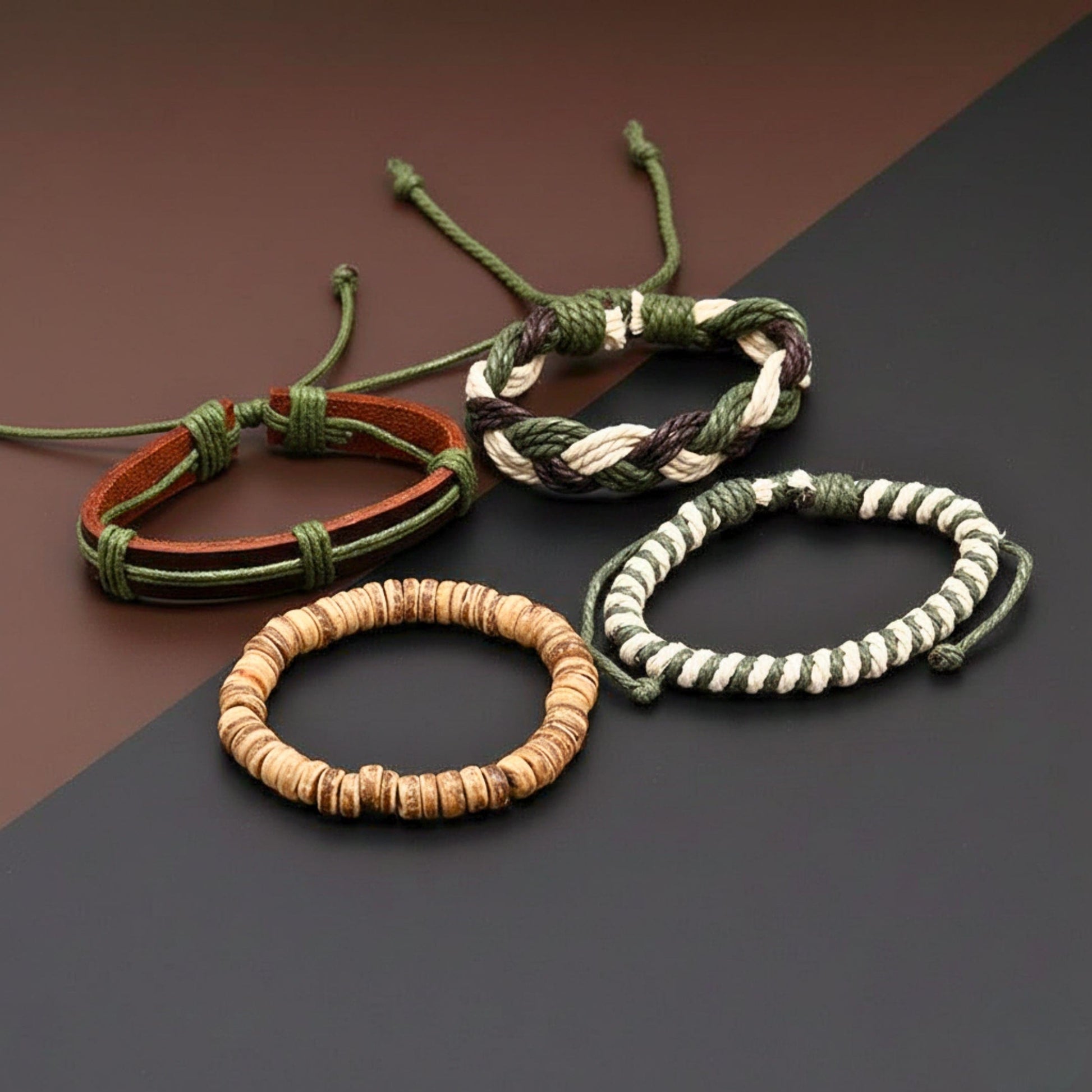 THE MEN THING Leather Bracelet FOREST BOND - 4 Pcs Brown Genuine Leather Adjustable Bracelet Set for Men & Boys (8 inch)