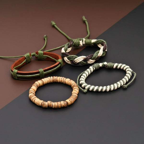 FOREST BOND - 4 Pcs Brown Genuine Leather Adjustable Bracelet Set for Men & Boys (8 inch)