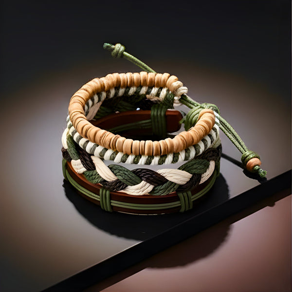 FOREST BOND - 4 Pcs Brown Genuine Leather Adjustable Bracelet Set for Men & Boys (8 inch)