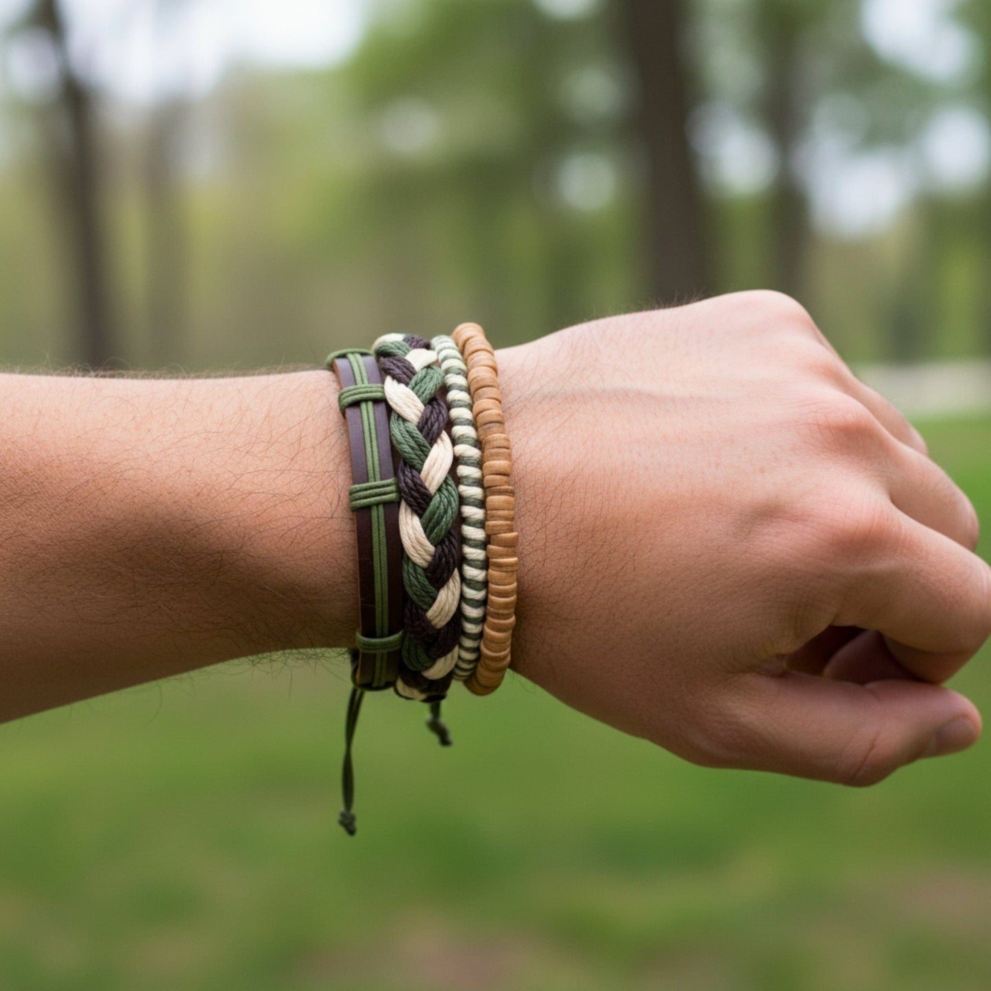 THE MEN THING Leather Bracelet FOREST BOND - 4 Pcs Brown Genuine Leather Adjustable Bracelet Set for Men & Boys (8 inch)