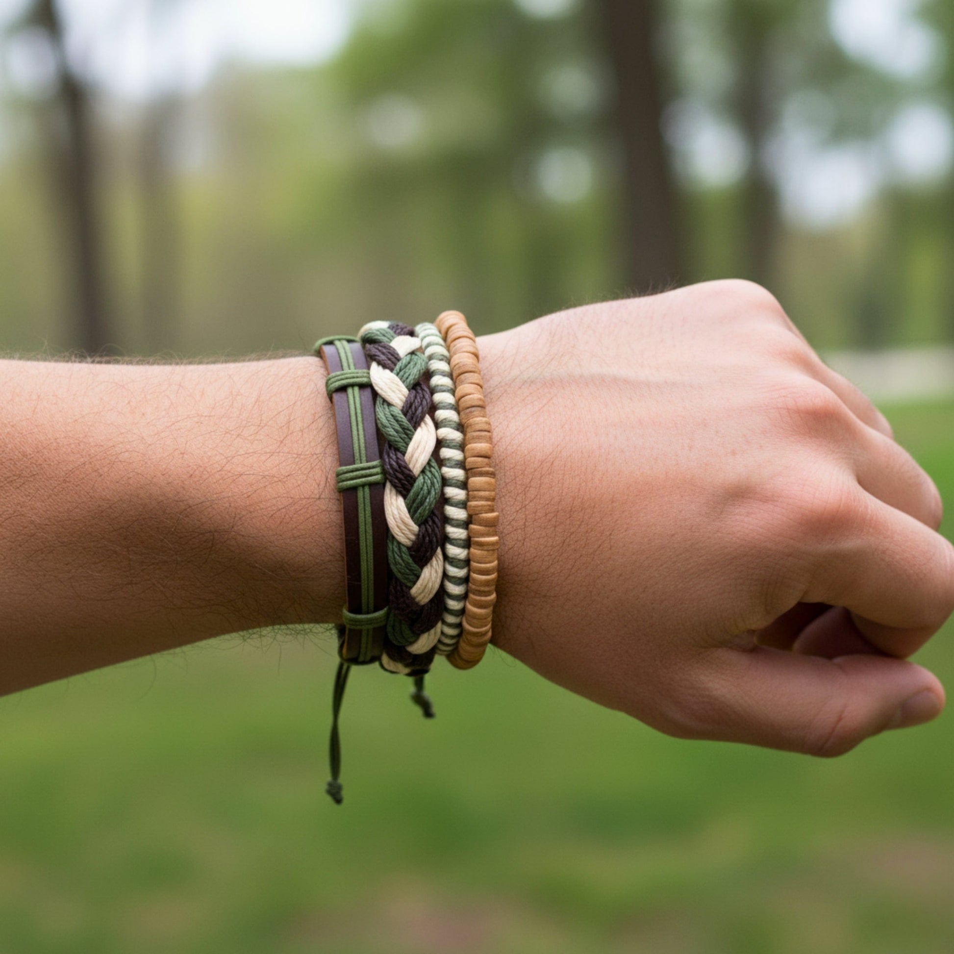 THE MEN THING Leather Bracelet FOREST BOND - 4 Pcs Brown Genuine Leather Adjustable Bracelet Set for Men & Boys (8 inch)