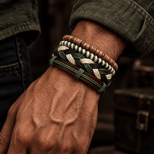 THE MEN THING Leather Bracelet FOREST BOND - 4 Pcs Brown Genuine Leather Adjustable Bracelet Set for Men & Boys (8 inch)