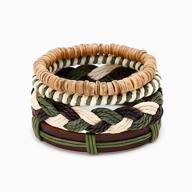 THE MEN THING Leather Bracelet FOREST BOND Set of 4 Genuine Braided Leather Adjustable Bracelets for Men & Boys – 8 Inch