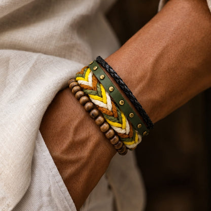 THE MEN THING Leather Bracelet FOREST EDGE - 3Pcs Genuine Leather Adjustable Bracelets Set for Men & Boys (8 inch)