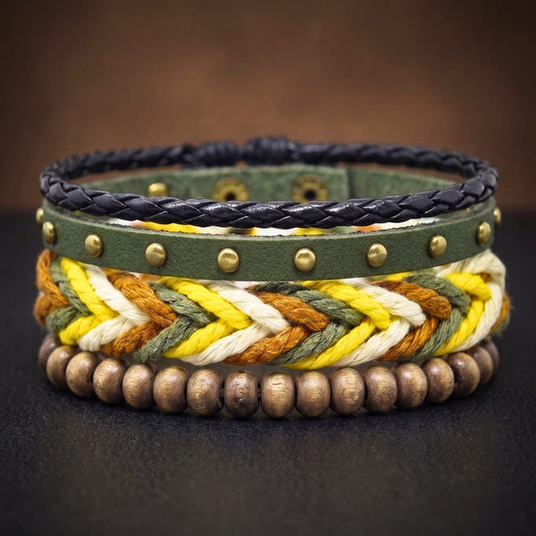FOREST EDGE - 3Pcs Genuine Leather Adjustable Bracelets Set for Men & Boys (8 inch)