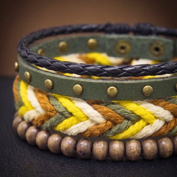 FOREST EDGE - 3Pcs Genuine Leather Adjustable Bracelets Set for Men & Boys (8 inch)