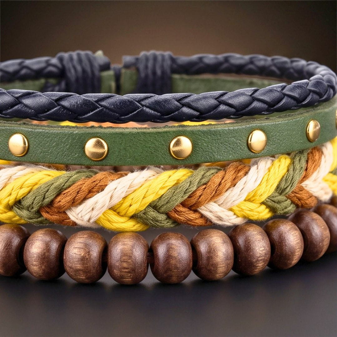 THE MEN THING Leather Bracelet FOREST EDGE - 3Pcs Genuine Leather Adjustable Bracelets Set for Men & Boys (8 inch)
