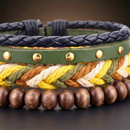 THE MEN THING Leather Bracelet FOREST EDGE - 3Pcs Genuine Leather Adjustable Bracelets Set for Men & Boys (8 inch)