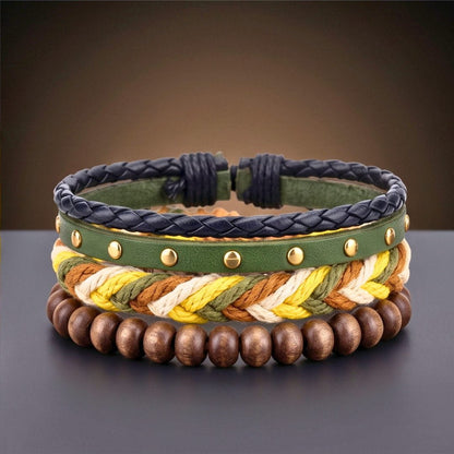 THE MEN THING Leather Bracelet FOREST EDGE - 3Pcs Genuine Leather Adjustable Bracelets Set for Men & Boys (8 inch)