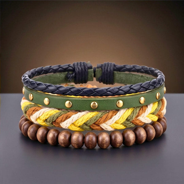 FOREST EDGE - 3Pcs Genuine Leather Adjustable Bracelets Set for Men & Boys (8 inch)