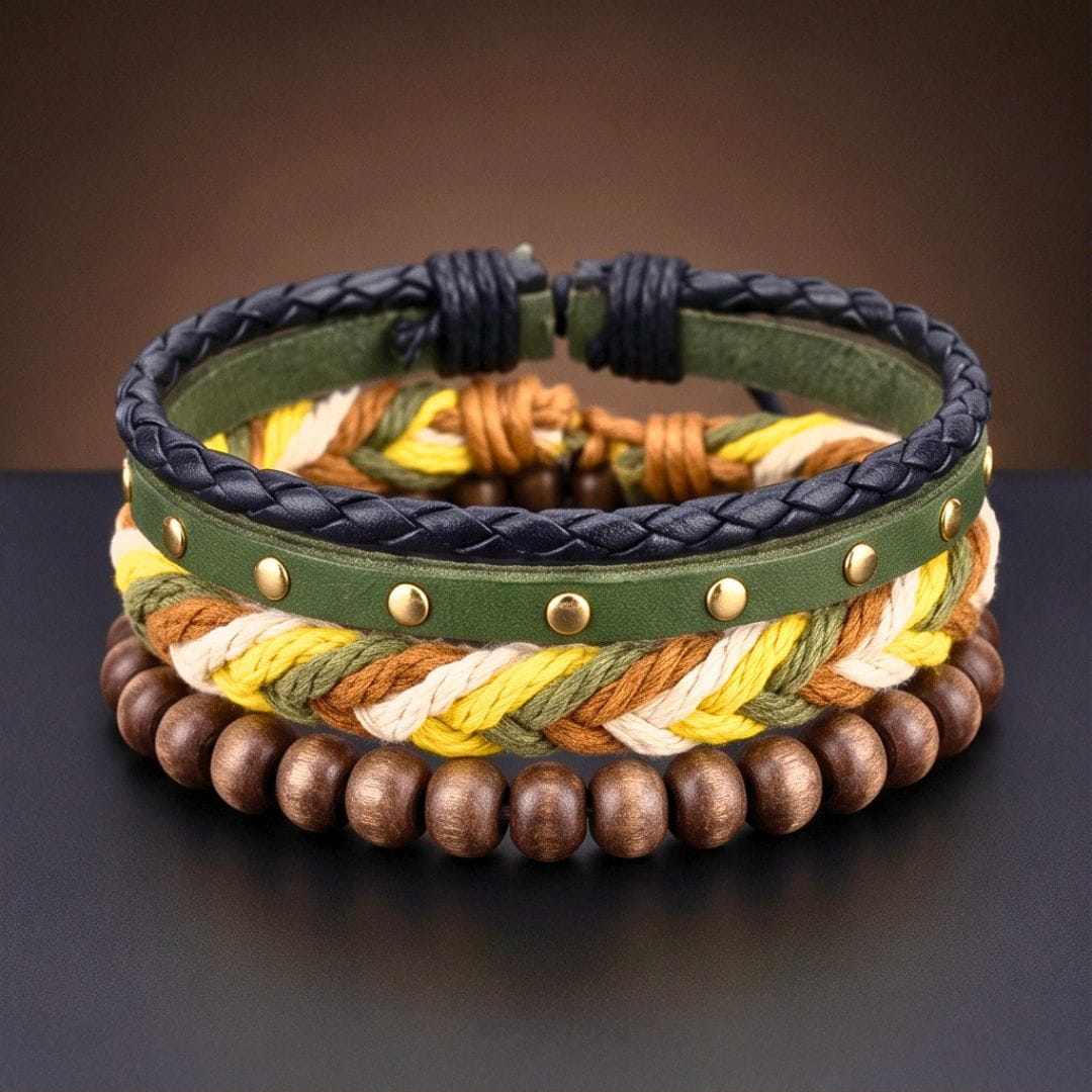 THE MEN THING Leather Bracelet FOREST EDGE - 3Pcs Genuine Leather Adjustable Bracelets Set for Men & Boys (8 inch)