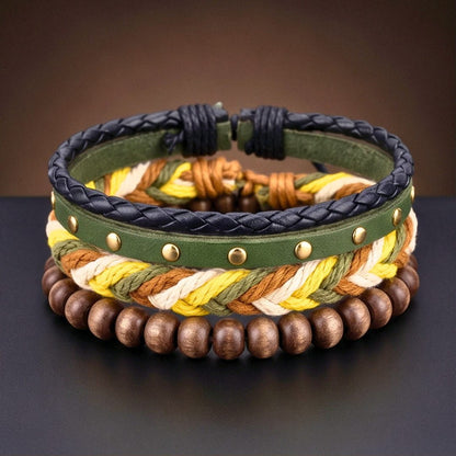 THE MEN THING Leather Bracelet FOREST EDGE - 3Pcs Genuine Leather Adjustable Bracelets Set for Men & Boys (8 inch)
