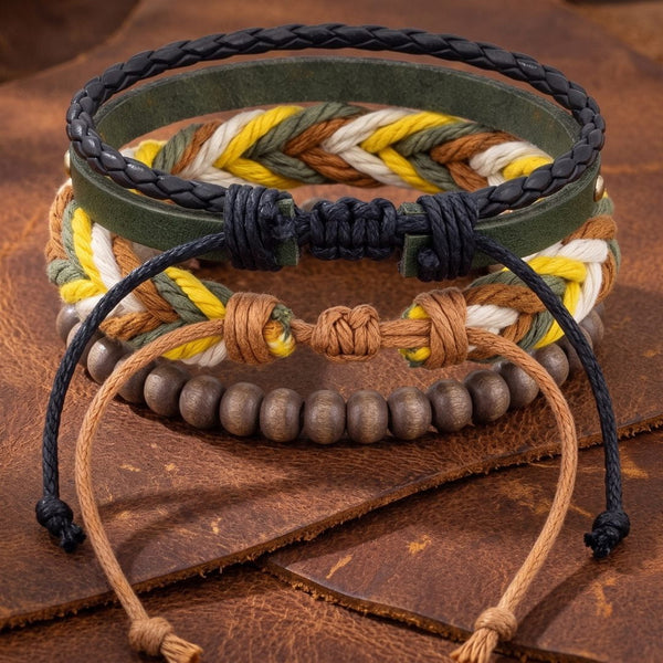 FOREST EDGE - 3Pcs Genuine Leather Adjustable Bracelets Set for Men & Boys (8 inch)