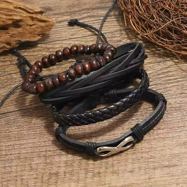 FOREVER BOUND - 4 Pcs Genuine Braided Leather Bracelet Set for Men & Boys (8 inch)