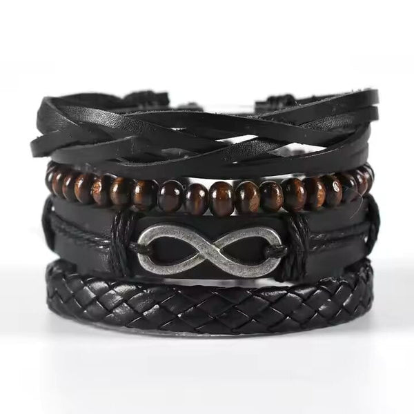 FOREVER BOUND - 4 Pcs Genuine Braided Leather Bracelet Set for Men & Boys (8 inch)