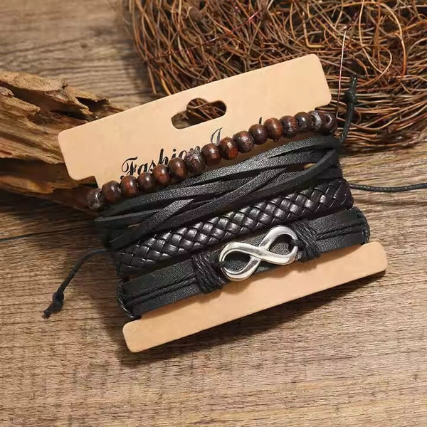FOREVER BOUND - 4 Pcs Genuine Braided Leather Bracelet Set for Men & Boys (8 inch)