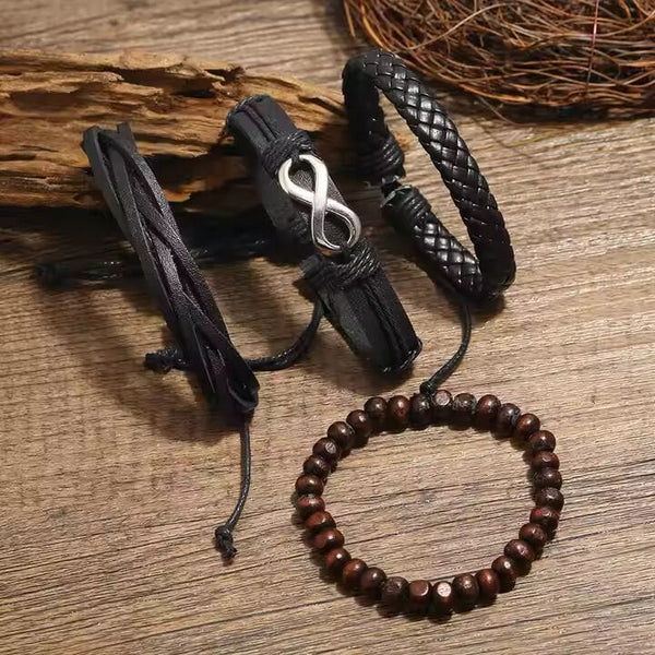 FOREVER BOUND - 4 Pcs Genuine Braided Leather Bracelet Set for Men & Boys (8 inch)