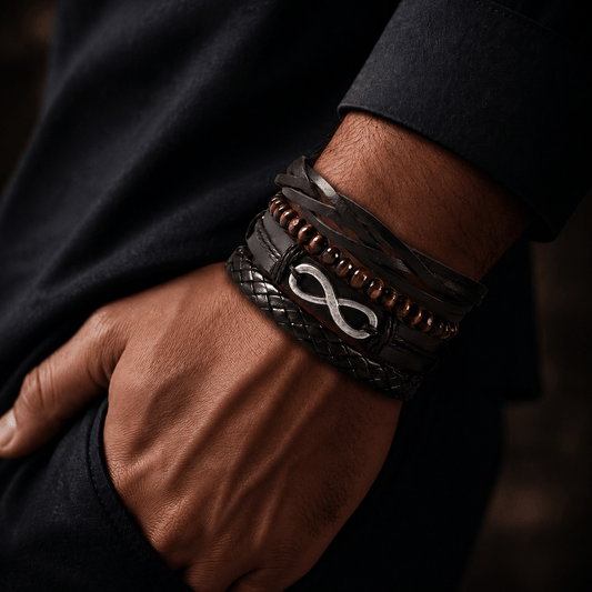 THE MEN THING Leather Bracelet FOREVER BOUND - 4 Pcs Genuine Braided Leather Bracelet Set for Men & Boys (8 inch)