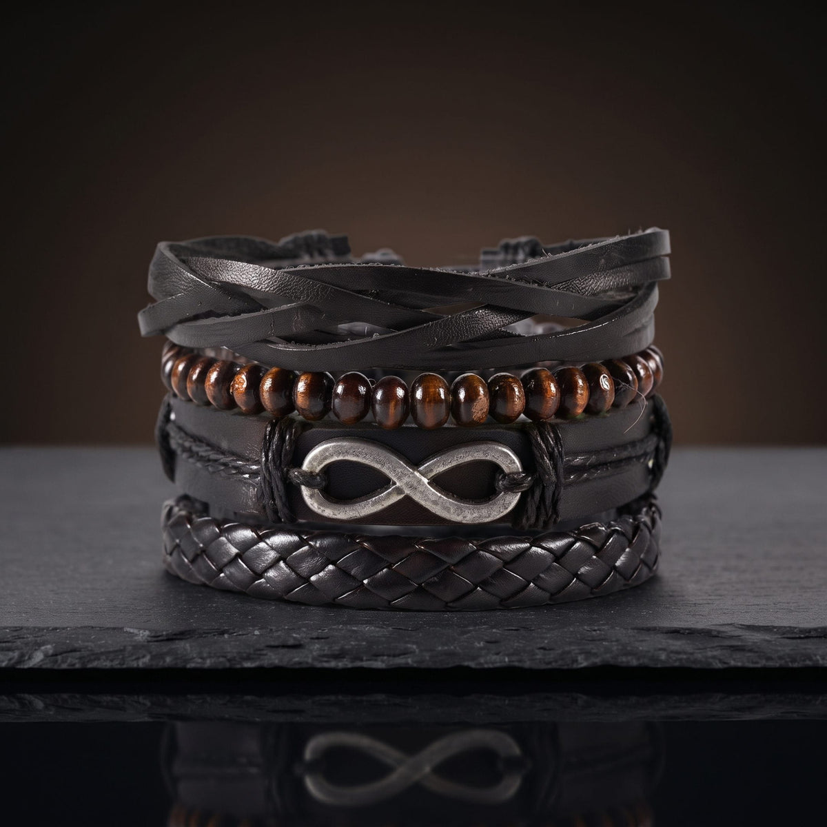 THE MEN THING Leather Bracelet FOREVER BOUND - 4 Pcs Genuine Braided Leather Bracelet Set for Men & Boys (8 inch)
