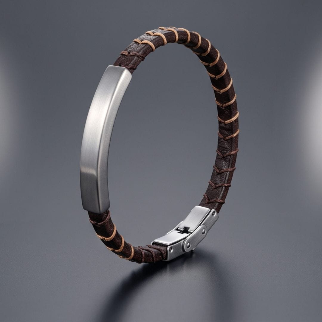 THE MEN THING Leather Bracelet FORGE WRAP BROWN - 5mm Genuine Leather Bracelet with Double Fold-Over Clasp for Men & Boy (8 inch)