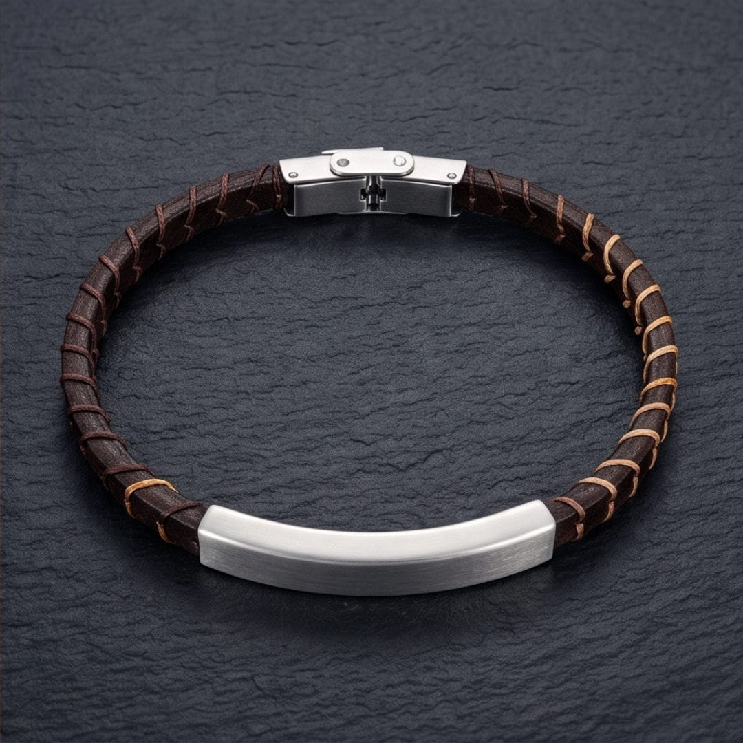 THE MEN THING Leather Bracelet FORGE WRAP BROWN - 5mm Genuine Leather Bracelet with Double Fold-Over Clasp for Men & Boy (8 inch)