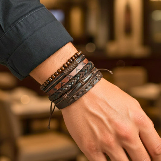 THE MEN THING Leather Bracelet FRONTIER BULL - 6 Pcs Genuine Leather Adjustable Bracelet Set for Men & Boys (8 inch)